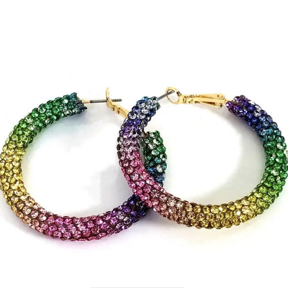 Rainbow Multi Color Rhinestone Hoop Bling Y2K, Retro, Disco, Pride Earrings - Picture 3 of 8